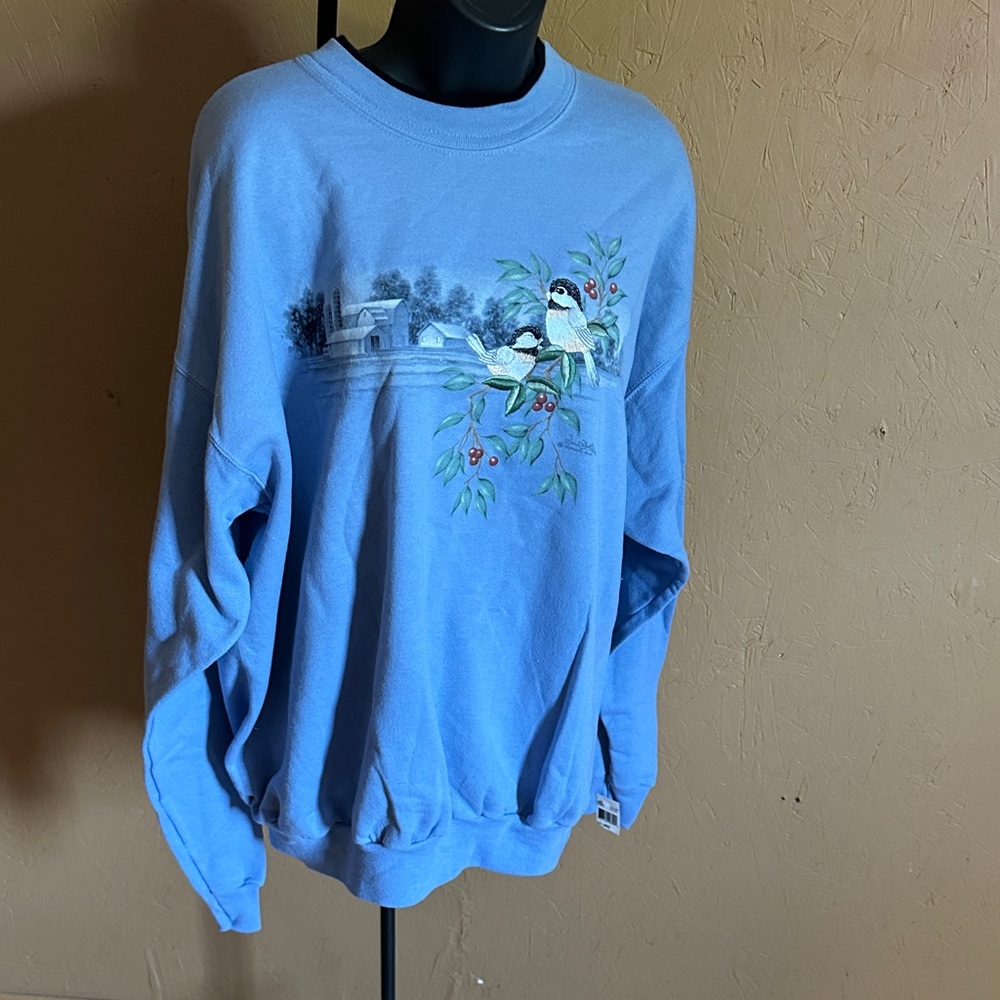 Blue Bird Graphic Crewneck Sweater, vintage 90s embroidered chickadees nwt